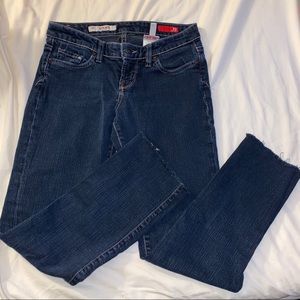 Dark Wash Straight Leg Jeans with Distressing